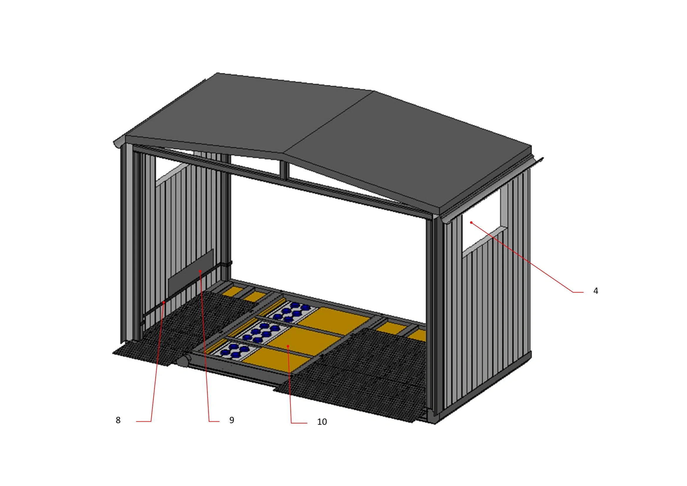 4. Ventilation openings 8. Internal ground loop 9. Attachment sheets for attachments 10. Openings for power cable entry